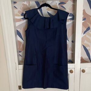 Navy Blue Ruffle Shift Dress with Pockets!